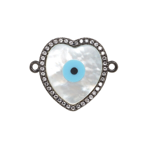 Link, black-finished brass / mother-of-pearl shell / cubic zirconia / resin, multicolored, 18x17mm single-sided heart with eye design. Sold individually. image number 0