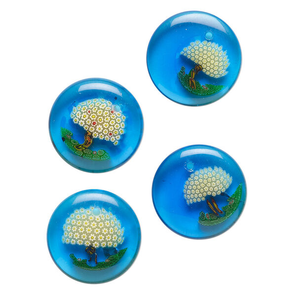 Drop, millefiori glass, translucent multicolored, 17-20mm top-drilled puffed flat round with tree and flower design. Sold per pkg of 4. image number 0