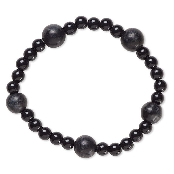 Bracelet, stretch, blackstone (dyed) and acrylic, black, 5mm and 9-10mm round, 6 inches. Sold individually. image number 0