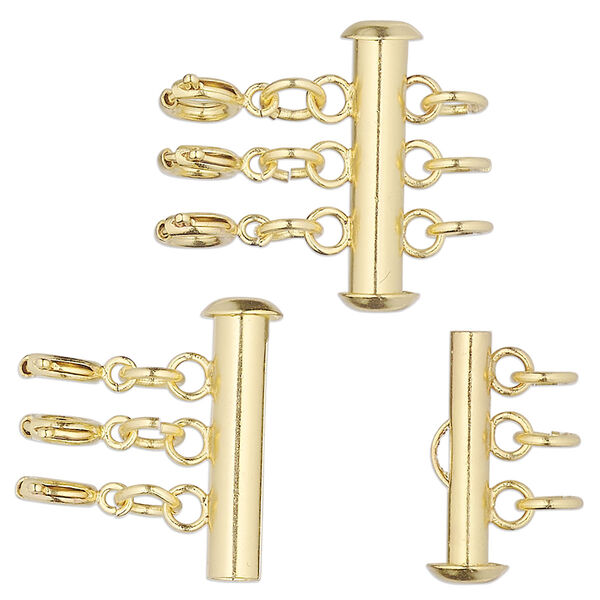 Clasp, 3-strand slide lock, gold-finished brass, 21x6mm round tube with 3 springring clasps and (3) 5mm open jump rings. Sold per pkg of 10. image number 0