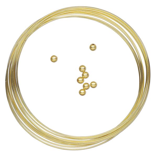 Memory wire, Beadalon®, gold-plated carbon steel, 2-1/4-inch round bracelet, 0.65mm thick with 3mm end caps. Sold per 9-piece set, approximately 12 loops. image number 0
