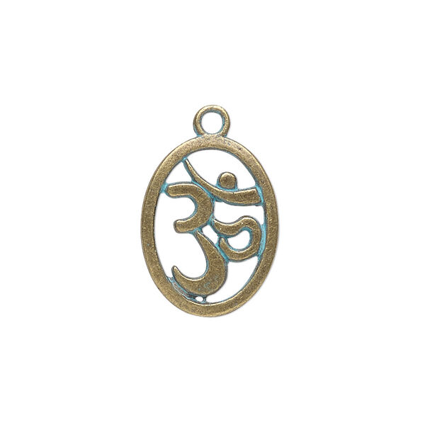 Drop, antique brass-finished "pewter" (zinc-based alloy), green patina, 19x14mm two-sided oval with cutout Om symbol. Sold per pkg of 4. image number 0