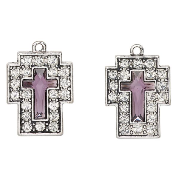Drop, antique silver-finished "pewter" (zinc-based alloy) and glass, clear and purple, 25x19mm cross. Sold per pkg of 2. image number 0