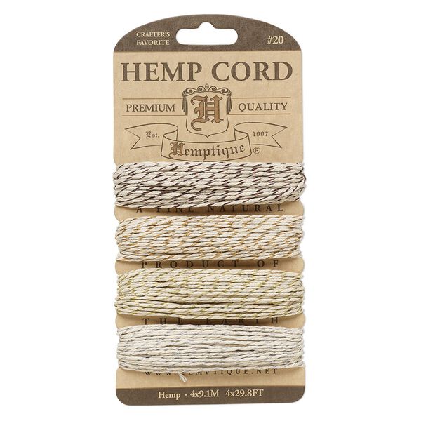 Cord, Hemptique®, polished hemp, assorted colors, 1mm diameter, 10-pound test. Sold per pkg of (4) 30-foot sections. image number 0