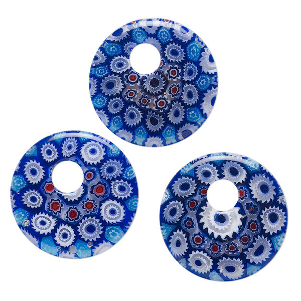 Component, millefiori glass, translucent multicolored, 24-26mm undrilled go-go with flower design. Sold per pkg of 3. image number 0