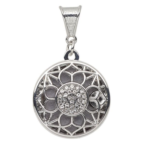 Pendant, silver-finished "pewter" (zinc-based alloy) / glass / felt, clear and grey, 27.5mm round locket with cutout flower and 26x22mm round insert. Sold per 5-piece set. image number 0