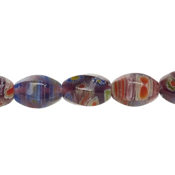 Bead, millefiori glass, dark purple, 11x7-12x9mm 6-sided twisted oval with flower design. Sold per 14-inch strand. image number 0