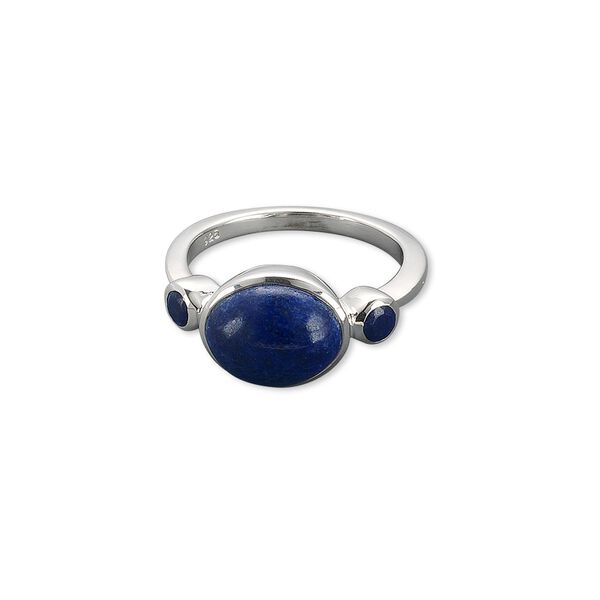 Ring, sterling silver and lapis (natural), 10x8mm oval cabochon, 3.5mm faceted round, size 7. Sold individually. image number 0