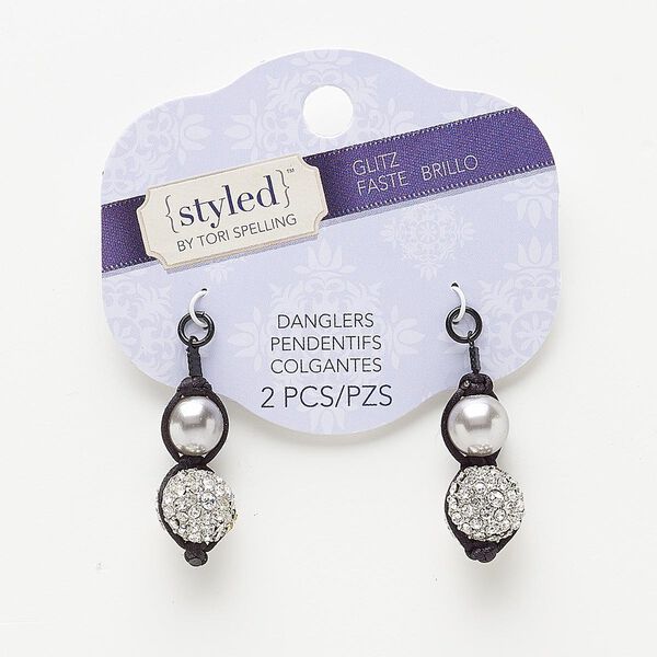 Focal, glass pearl / glass rhinestone / waxed cotton cord / black-finished steel / "pewter" (zinc-based alloy), black / silver / clear, 30x13mm with round. Sold per pkg of 2. image number 0