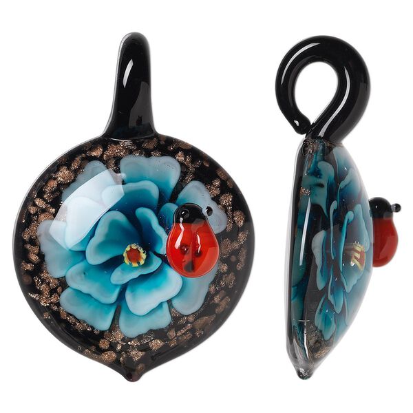 Pendant, lampworked glass, light blue and multicolored with copper-colored foil, 50x34mm single-sided domed round with flower and ladybug design. Sold individually. image number 0
