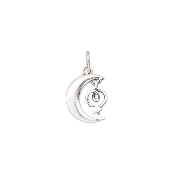 Charm, antiqued sterling silver, 12.5x10mm single-sided moon with heart and star. Sold individually. image number 0