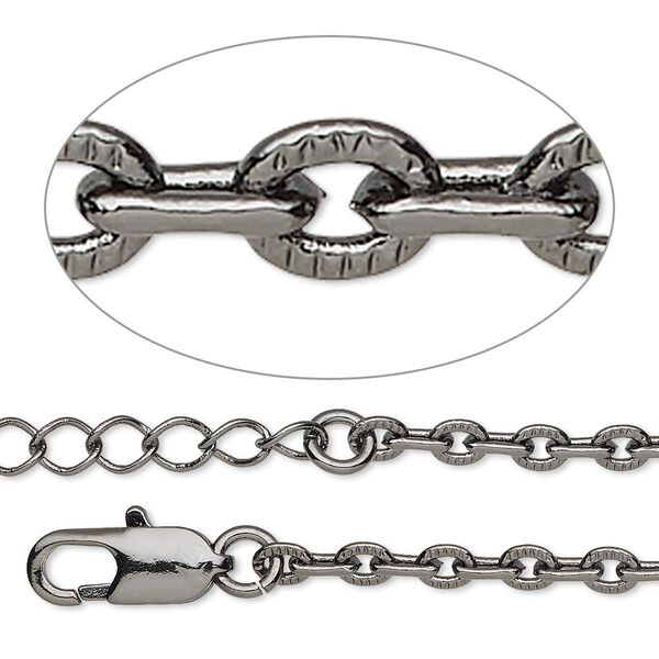 Chain, gunmetal-plated brass, 3mm textured cable, 36 inches with lobster claw clasp and 1 to 3 inches extender chain. Sold individually. image number 0
