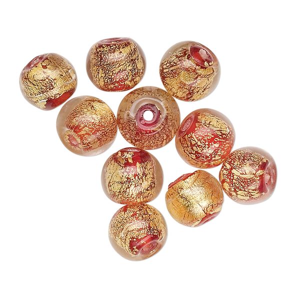 Bead, lampworked glass, red with 24Kt gold foil, 8mm round. Sold per pkg of 10. image number 0