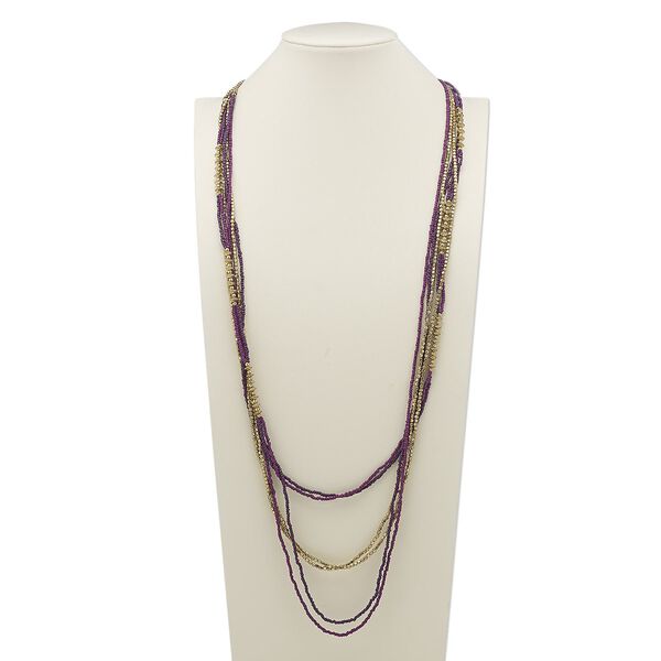 Necklace, glass and gold-finished steel, light purple and dark purple, 40 inches with 2-inch extender chain and lobster claw clasp. Sold individually. image number 0