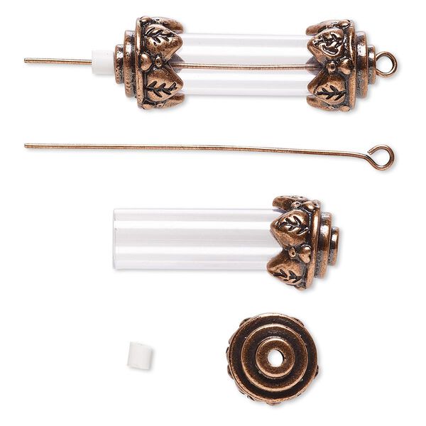 Focal, acrylic and antique copper-finished brass and "pewter" (zinc-based alloy), clear, 34x12mm with 25x8mm round tube and removable ends, 2-inch eye pin. Sold per pkg of 10. image number 0