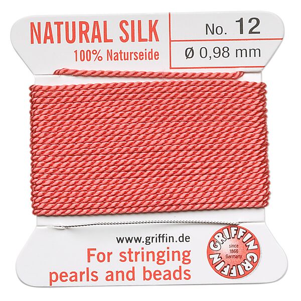 Thread, Griffin, silk, coral, size #12. Sold per 2-meter card (approximately 78 inches). image number 0