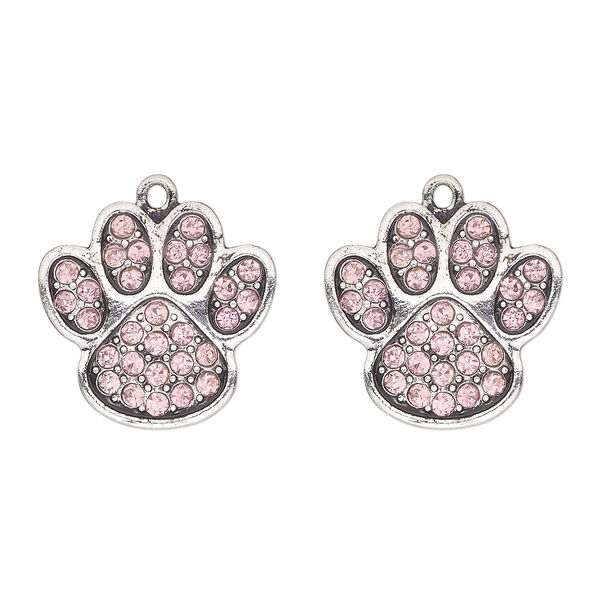 Charm, antique silver-finished "pewter" (zinc-based alloy) and glass, pink, 24x23mm single-sided paw print. Sold per pkg of 2. image number 0