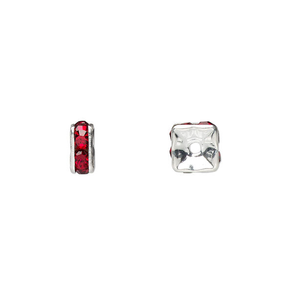 Bead, glass rhinestone and silver-plated brass, garnet red, 6x3mm squaredelle. Sold per pkg of 10. image number 0