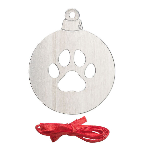Ornament, ImpressArt®, aluminum and polyester, 2-1/2 x2 inch ball with cutout paw print with ribbon. Sold per pkg of 3. image number 0