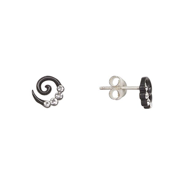 Earstud, Create Compliments®, sterling silver and crystal, black and clear, 7mm swirl. Sold per pair. image number 0