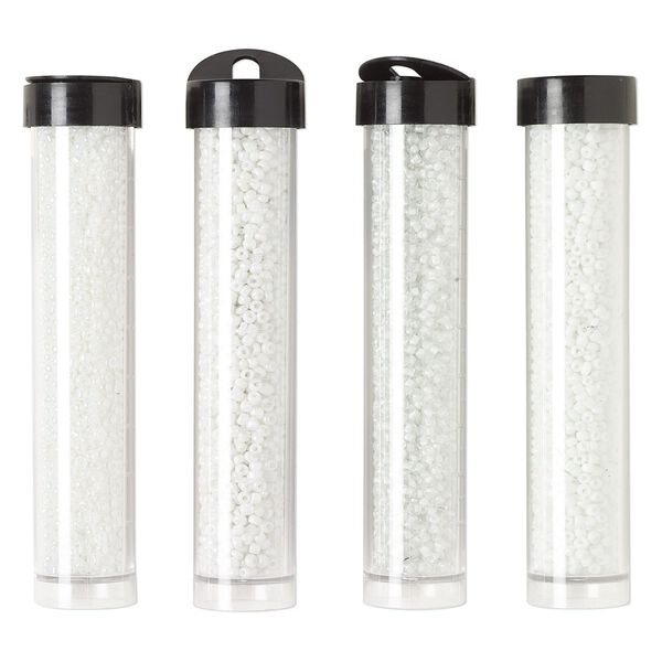 Seed bead assortment, Ming Tree™, glass, pkg/(4) 4 x 3/4 inch vials, #11 round, opaque and transparent ceylon luster white. image number 0
