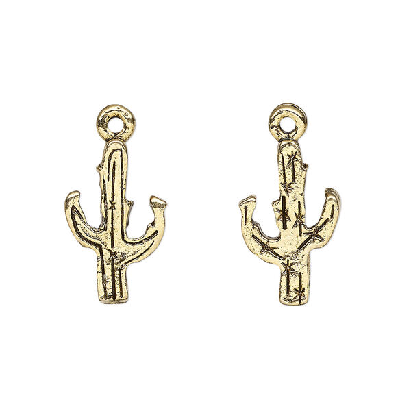 Charm, antique gold-plated pewter (tin-based alloy), 17.5x11mm double-sided cactus. Sold per pkg of 2. image number 0