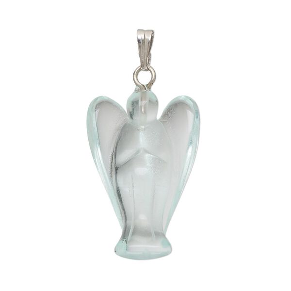 Pendant, glass with silver-finished brass bail, aqua blue, 25x17mm-27x17mm hand-cut 3D angel. Sold individually. image number 0