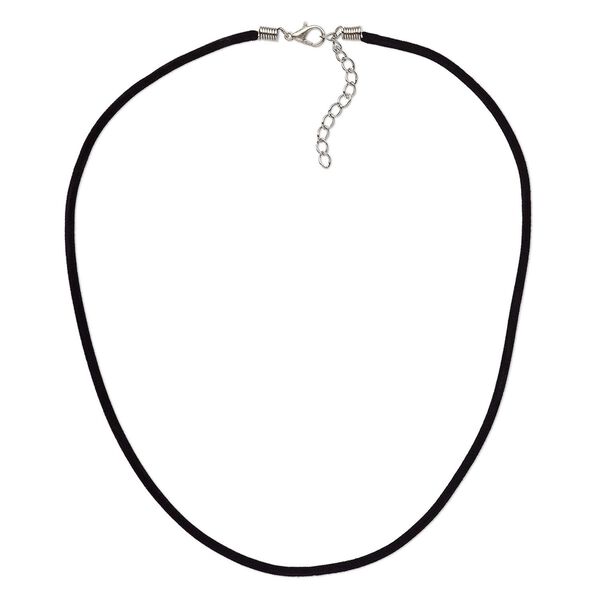 Necklace cord, velveteen with imitation rhodium-finished steel and "pewter" (zinc-based alloy), black, 3mm wide, 16 inches with 1-1/2 inch extender chain and lobster claw clasp. Sold per pkg of 3. image number 0