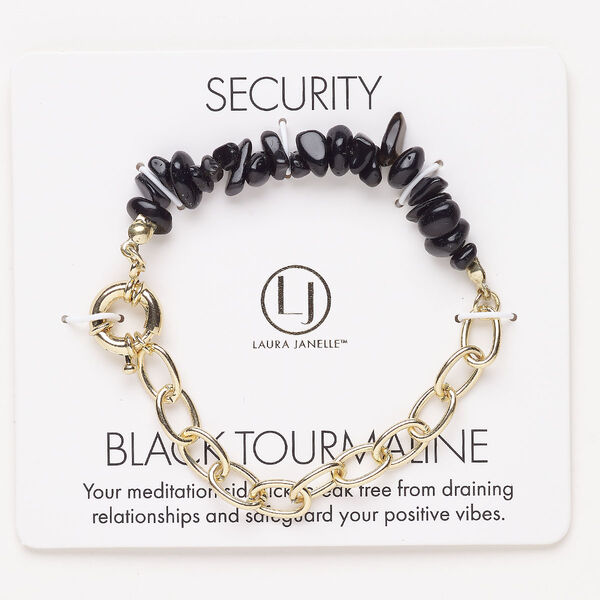 Bracelet, steel / brass / black tourmaline (dyed), pkg/1, 6 inches with springring clasp, gold finish. image number 0