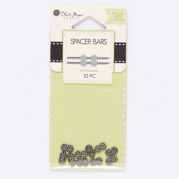 Spacer bar, antique silver-finished "pewter" (zinc-based alloy), 8x1.5mm 2-strand beaded rondelle, fits up to 3mm bead. Sold per pkg of 10. image number 0