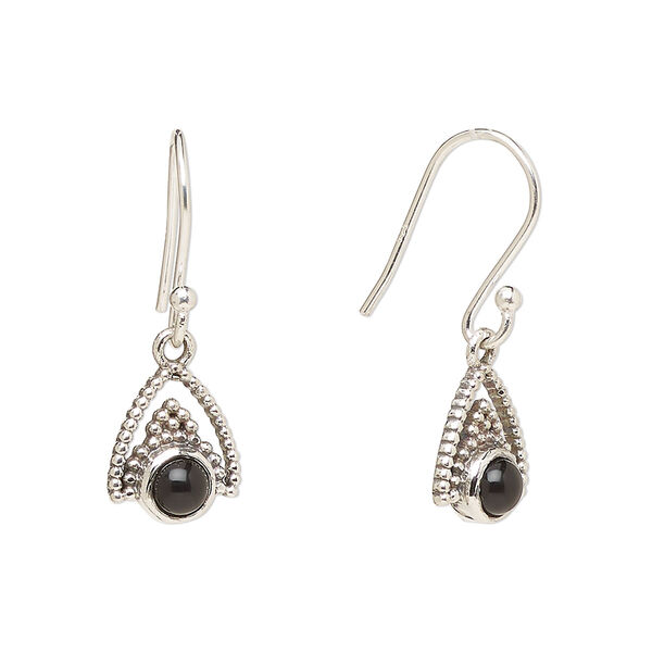 Ear wire, Create Compliments®, antiqued sterling silver and black onyx (dyed), fishhook, 24.5mm with 11x9mm single-sided beaded arrowhead, 21 gauge. Sold per pair. image number 0
