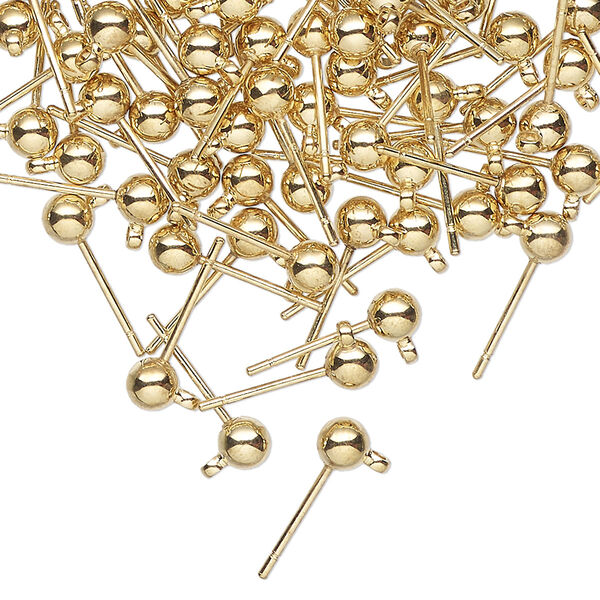 Earstud, gold-finished brass and stainless steel, 4mm ball with closed loop. Sold per pkg of 50 pairs. image number 0