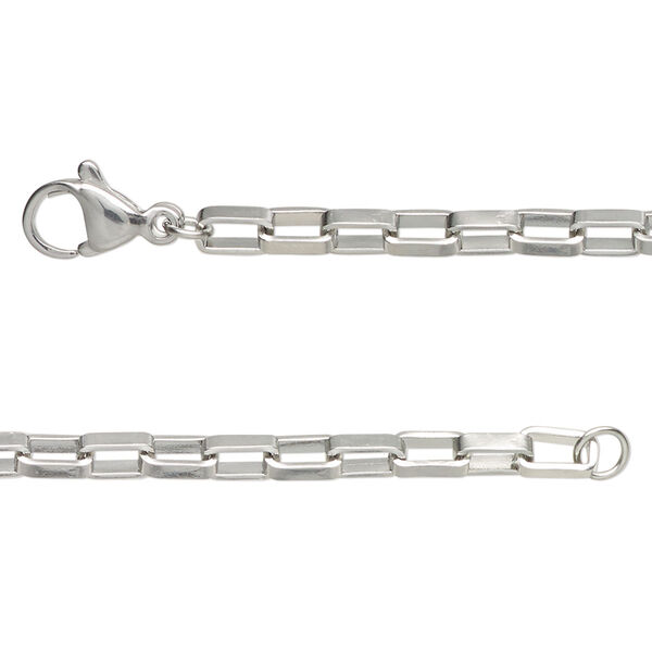 Chain, stainless steel, 3mm rectangular box, 18 inches with lobster claw clasp Sold per pkg of 2. image number 0