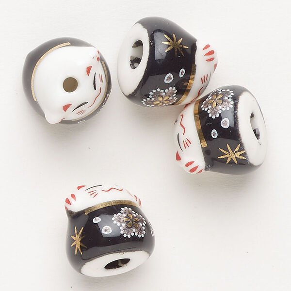 Bead porcelain 4pk 13.5x13mm 3D lucky cat, black multicolored image number 0