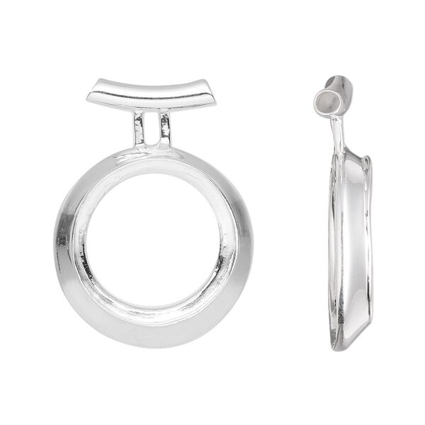Pendant, Almost Instant Jewelry®, sterling silver, 27.5x20.5mm round with open back and 16mm rivoli setting with tube bail. Sold individually. image number 0