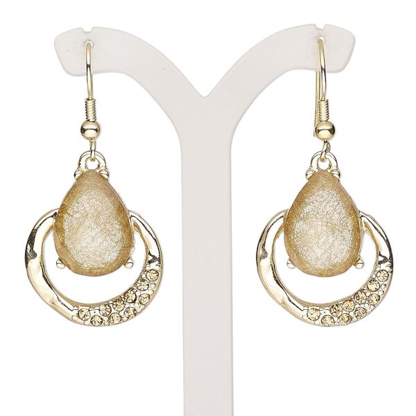 Earring, resin / glass rhinestone / gold-finished brass / "pewter" (zinc-based alloy), gold and light brown, 2 inches with teardrop and fishhook ear wire. Sold per pair. image number 0