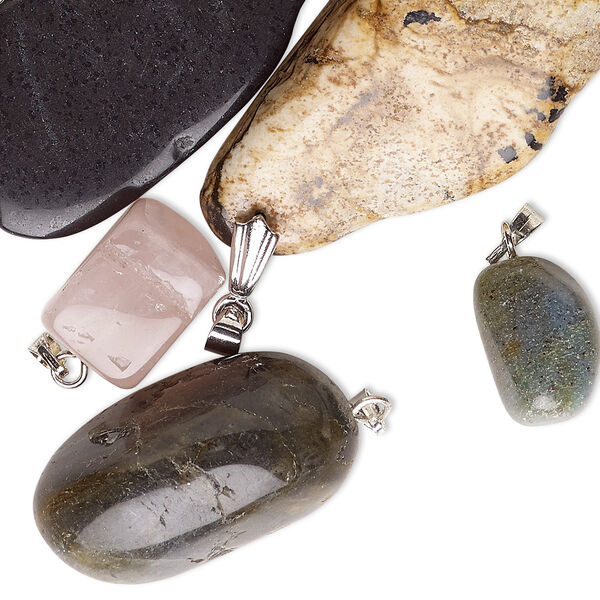 Multi-gemstone / glass / brass / steel 1pkg1, nugget pendant 1/4 lb mix small to extra-large image number 0