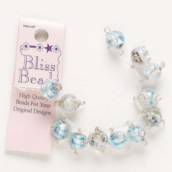 Link mix, lampworked glass and silver-finished brass, clear and mixed colors, 10mm wire-wrapped round with silver-colored foil. Sold per pkg of 10. image number 0