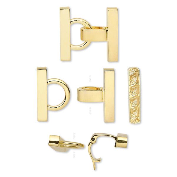 Clasp, 5-strand fold-over, gold-plated brass, 25x25mm smooth rounded rectangle. Sold individually. image number 0