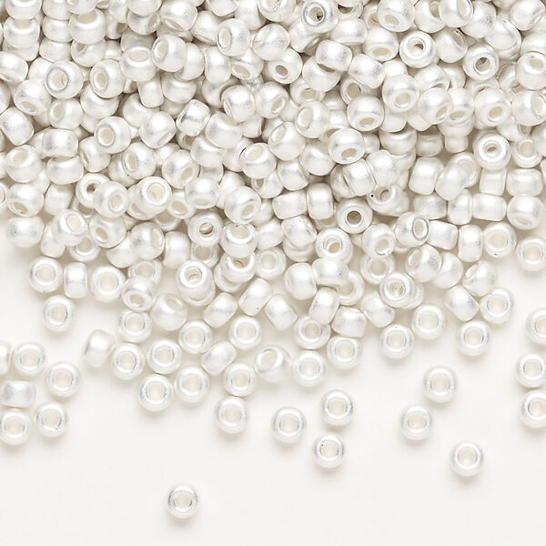Seed bead, Miyuki, glass, pkg/250g, #8 rocaille, opaque silver-plated matte, (RR-961F). image number 0