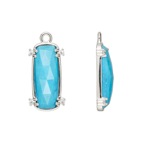Drop, "turquoise" (resin) (imitation) / cubic zirconia / sterling silver, clear, 21x11mm hand-cut single-sided faceted oval. Sold individually. image number 0