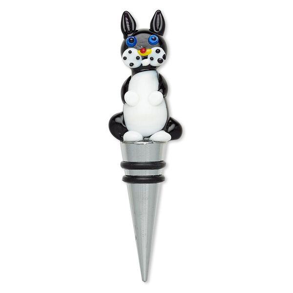 Bottle stopper, lampworked glass / rubber / silver-plated "pewter" (zinc-based alloy), multicolored, 4-3/4 x 1-1/3 inches with cat and 2 rings. Sold individually. image number 0