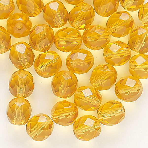 Bead, Czech fire-polished glass, translucent light amber, 8mm faceted round. Sold per pkg of 50. image number 0