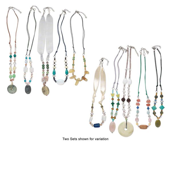 Multi-gemstone / steel / acrylic 1pkg5, multi-shape necklace mix 20 inch / lobster claw clasp image number 0
