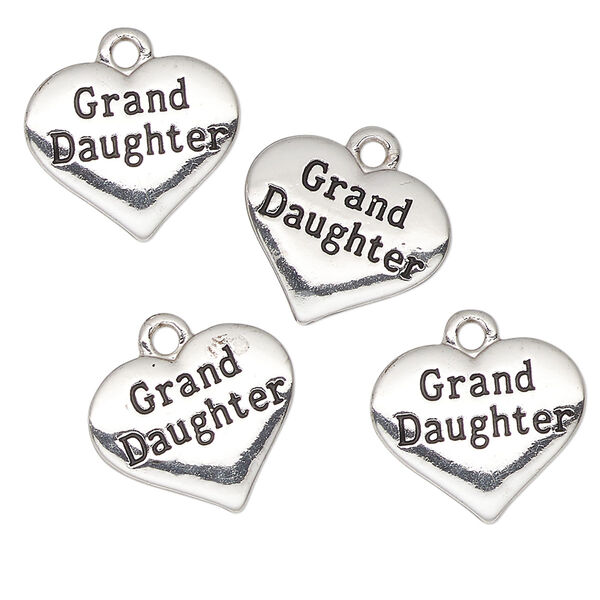 Charm, antique silver-finished "pewter" (zinc-based alloy) and enamel, black, 16x13mm heart with "Granddaughter". Sold per pkg of 4. image number 0