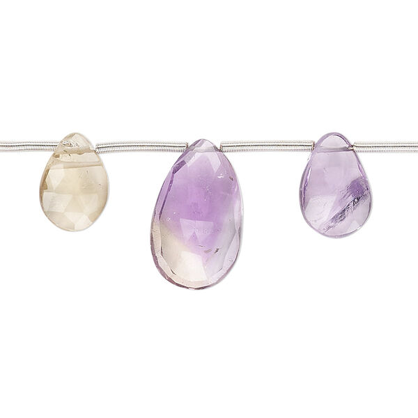 Ametrine / amethyst 1pkg14, hand-cut top-drilled faceted puffed teardrop bead natural 10x7mm-16x10mm image number 0