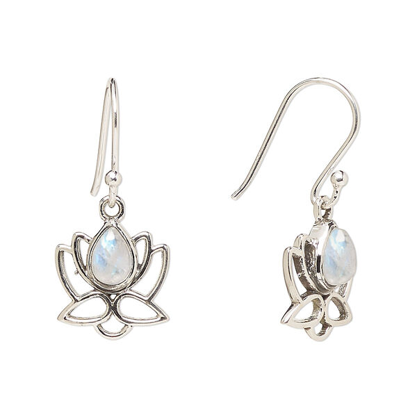Ear wire, Create Compliments®, antiqued sterling silver and rainbow moonstone (natural), fishhook, 26.5mm with 12mm single-sided open lotus, 21 gauge. Sold per pair. image number 0