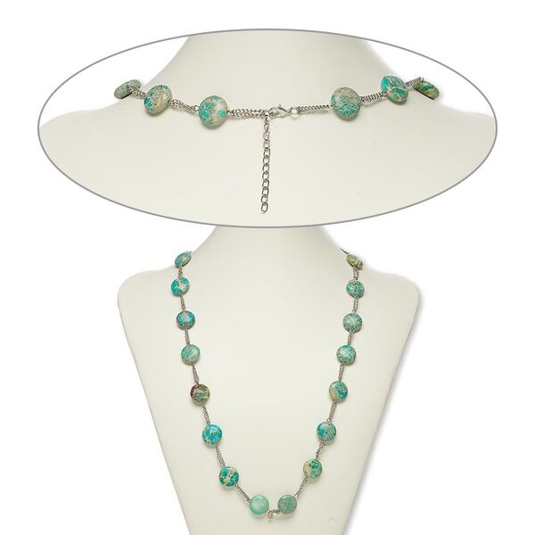 Necklace, magnesite (dyed / stabilized) with silver-plated steel and brass, blue-green, 16mm flat round, 26 inches with 2-inch extender chain and lobster claw clasp. Sold individually. image number 0