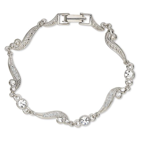 Bracelet, epoxy / crystals / rhodium-plated "pewter" (zinc-based alloy), white and crystal clear with glitter, 6.5mm wide with scroll design, 7 inches with fold-over clasp. Sold individually. image number 0