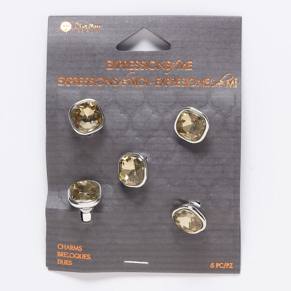 Slide, glass and silver-finished "pewter" (zinc-based alloy), champagne, 12x9mm rounded faceted square, 6.5mm hole. Sold per pkg of 5. image number 0